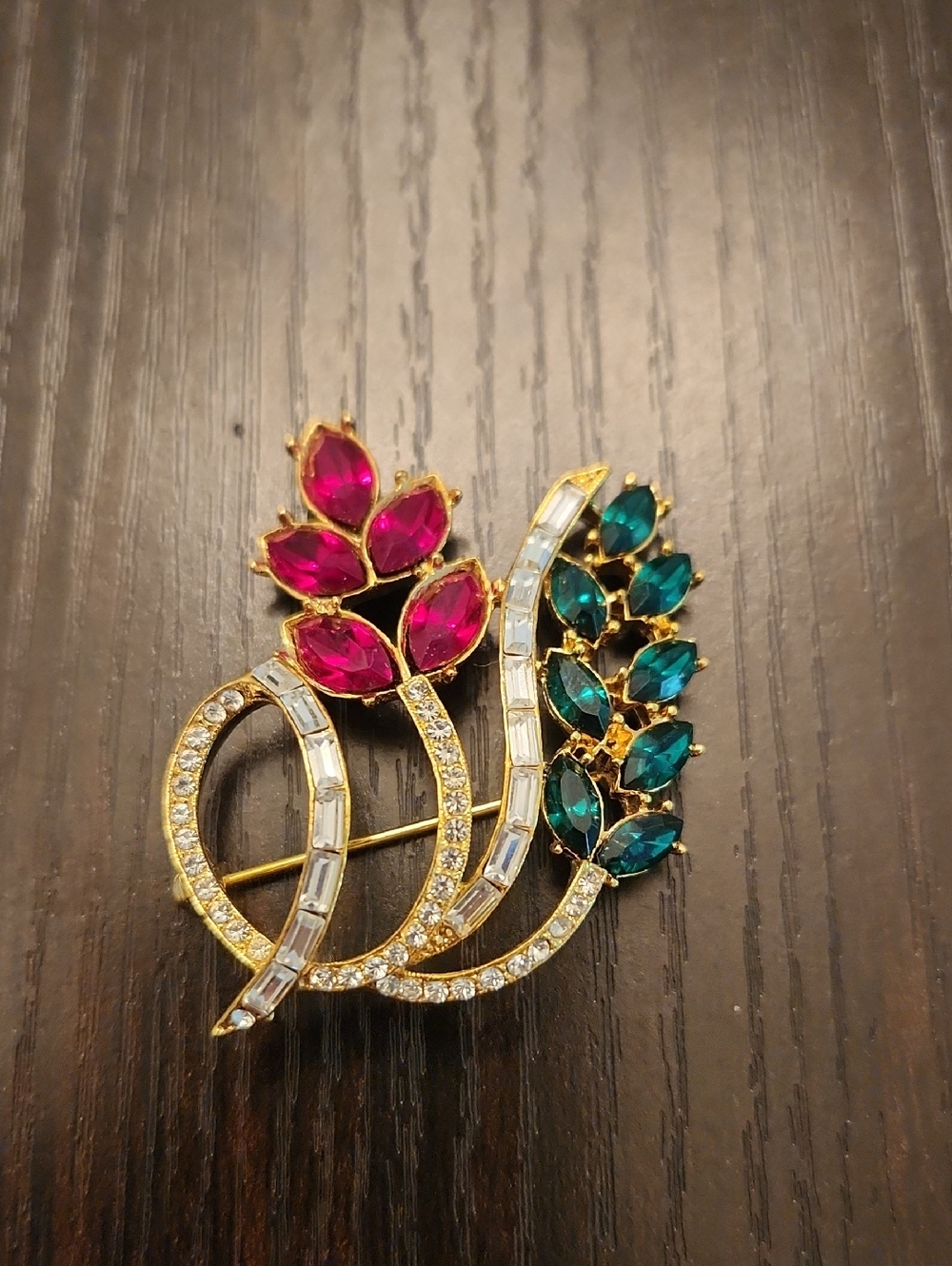 Gold-Tone Floral Crystal Brooch with Pink and Teal Marquise Stones
